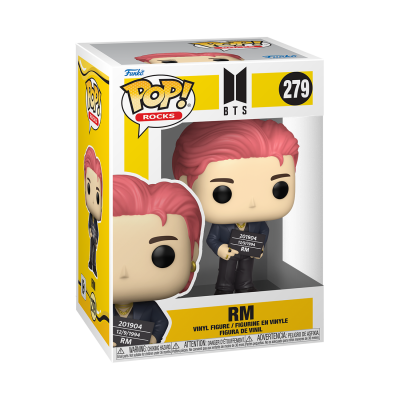Funko Pop! Rocks número 279 de RM do BTS com cabelo rosa e roupa preta dentro da embalagem.