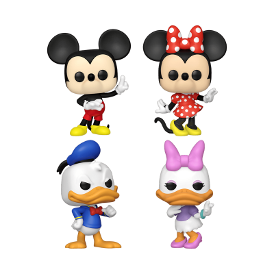 Quatro figuras Funko Pop da Disney com Mickey, Minnie, Pato Donald e Daisy.