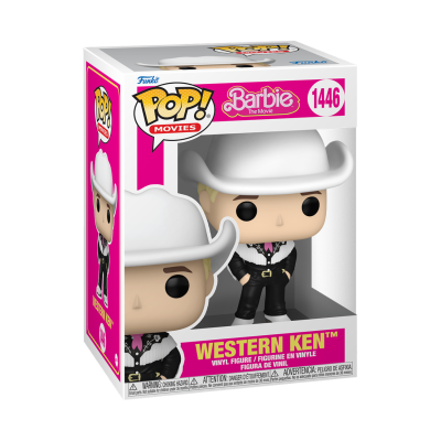 Figura Funko Pop! Western Ken Barbie com chapéu branco e roupa preta em caixa colorida
