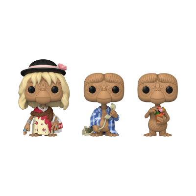 Três bonecos Funko Pop de E.T. com roupas diferentes e acessórios.