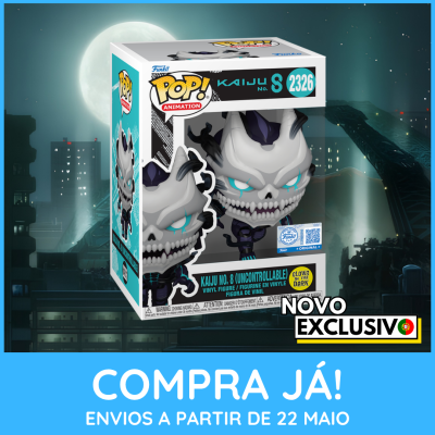 Caixa de figura Pop! em vinil KAIJU No. 8 (Uncontrollable) número 2326 com olhos a brilhar num cenário urbano noturno
