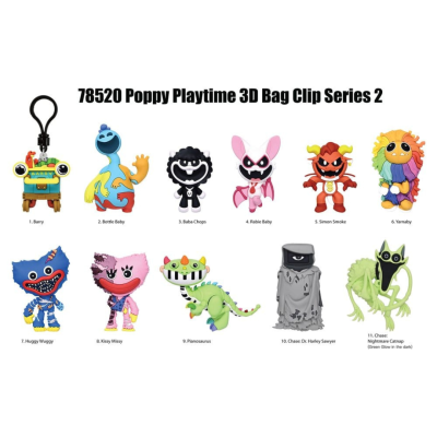 Conjunto de 11 brinquedos Poppy Playtime 3D Bag Clip Series 2 coloridos em fundo branco.