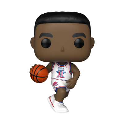 Figura Funko Pop de jogador de basquetebol com uniforme branco e bola laranja