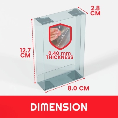 Embalagem plástica transparente com dimensões e espessura indicadas, texto DIMENSION embaixo