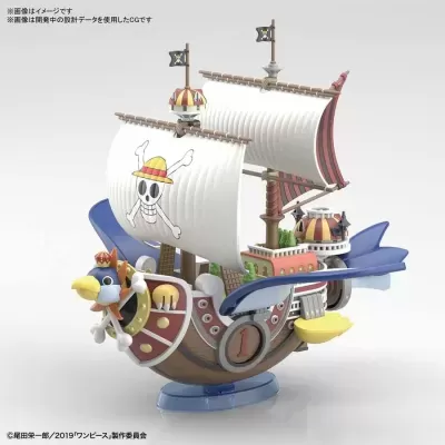 Modelo colorido de navio pirata com velas brancas e figura de pássaro azul