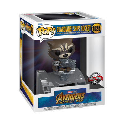 Figura Pop! de Rocket dos Guardians' Ship na caixa oficial da Marvel Studios Avengers Infinity War