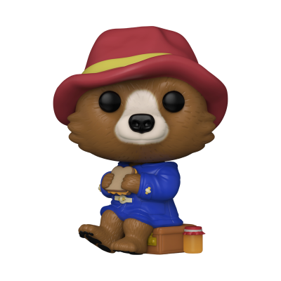Figura colecionável de Paddington Bear com roupa azul e chapéu vermelho sentado com sandes