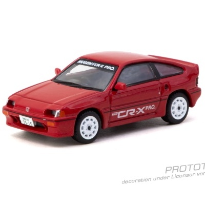 Miniatura de carro desportivo vermelho com rodas brancas e inscrições CR-X PRO e MUGEN CR-X PRO.