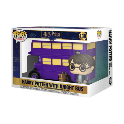 Funko Pop Harry Potter com Knight Bus roxo e amarelo em caixa