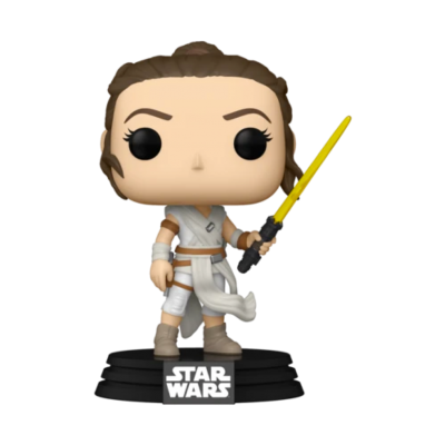 Figura Funko Pop Rey de Star Wars com sabre de luz amarelo sobre base preta