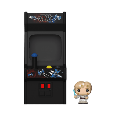 Máquina de arcade Star Wars com joystick azul e boneco Funko Pop Luke Skywalker