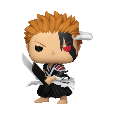 Figura colecionável estilizada com cabelo castanho alaranjado e roupa preta e branca