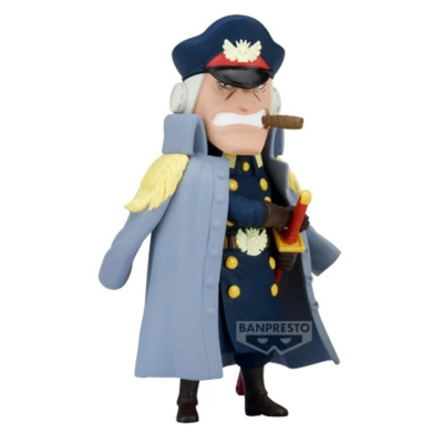 Figura colecionável de homem em sobretudo azul com charuto e espada.