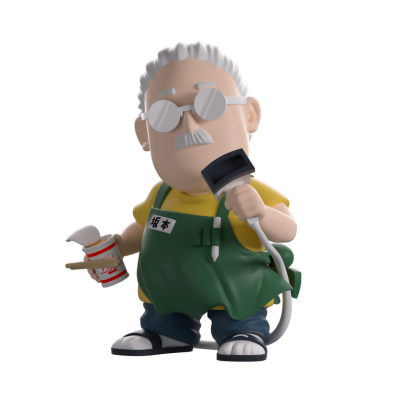 Figura tridimensional de homem com avental verde segurando lata e ferramenta