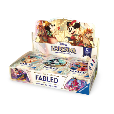 Caixa aberta de cartas Disney Lorcana Fabled com 12 pacotes coloridos