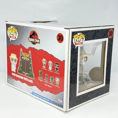 Caixa branca Funko Pop! Jurassic Park número 30 com janela transparente e imagens dos personagens