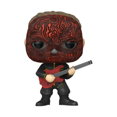 Figura Funko Pop com máscara vermelha e guitarra elétrica