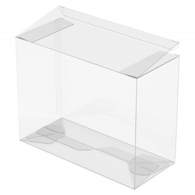 Caixa de plástico transparente com abas superiores abertas