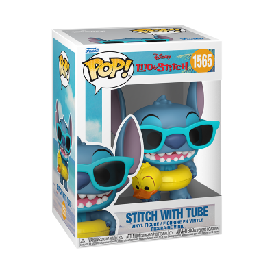 Figura vinil Stitch POP! Disney com óculos de sol e tubo amarelo na embalagem