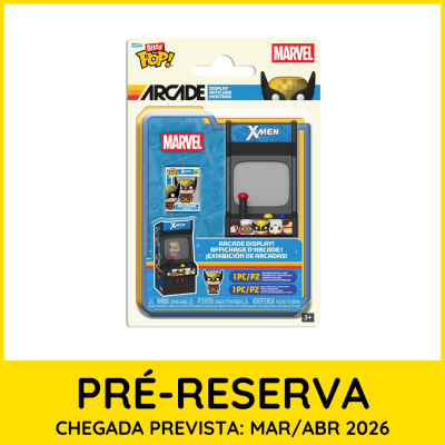 Expositor arcade Funko Bitty Pop! Marvel X-Men com embalagem mostrando Wolverine e joystick vermelho.