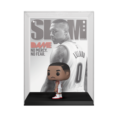 Figura Funko Pop de Damian Lillard em caixa transparente com fundo da revista SLAM
