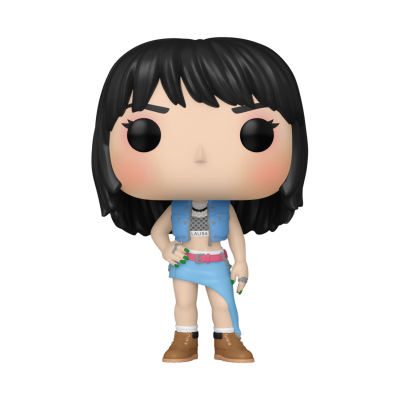 Figura Funko Pop com cabelo preto e roupa azul e rosa