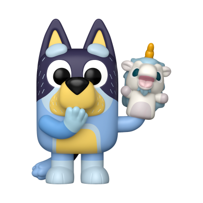 Boneco vinil cão azul segurando unicórnio pequeno branco