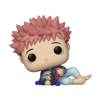 Figura Funko Pop com cabelo rosa em espinhos, roupa azul e calças claras, segura um copo vermelho e tem boneco cinza ao lado