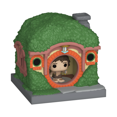 Figura Funko Pop de hobbit dentro de casa de hobbit verde com moldura de tijolo e base com caminho em pedra.