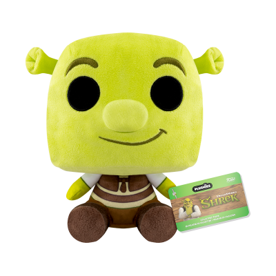 Pelúcia do personagem Shrek com corpo castanho e verde segurando etiqueta verde