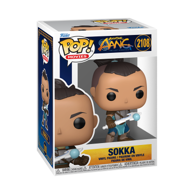 Figura Funko Pop! personagem Sokka com bastão em embalagem azul e branca.