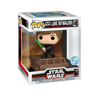 Boneco Funko Pop! Star Wars Luke Skywalker com sabre verde no Jarra's Skiff dentro de caixa transparente.
