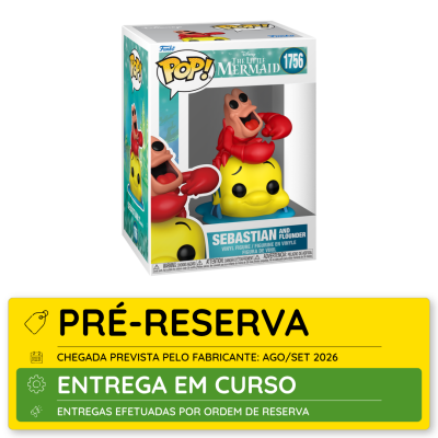 Boneco Funko Pop! Sebastian e Flounder Disney numa caixa transparente com etiqueta de pré-reserva em português