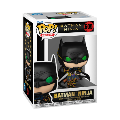 Boneco Funko Pop Batman Ninja de vinil preto com detalhes verdes e dourados na embalagem
