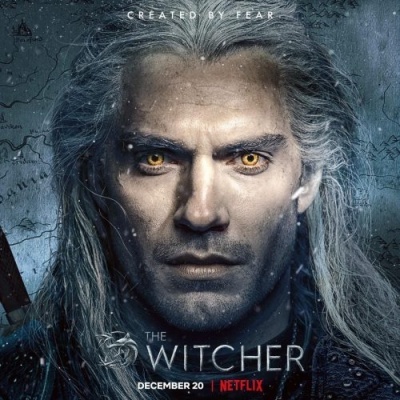 Poster da série The Witcher com personagem principal e texto promocional