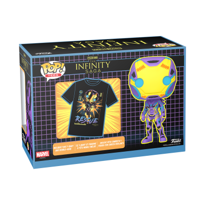 Caixa Funko Pop! Tees Marvel Infinity Saga com t-shirt preta e figura colecionável colorida