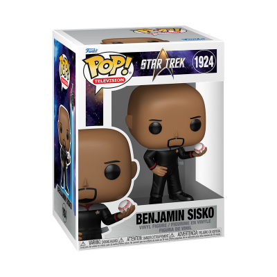 Figura Funko Pop! de Benjamin Sisko da Star Trek em caixa branca com fundo espacial