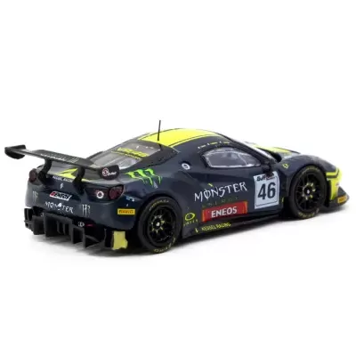 Miniatura de carro de corrida preto e amarelo com autocolantes Monster Energy e número 46