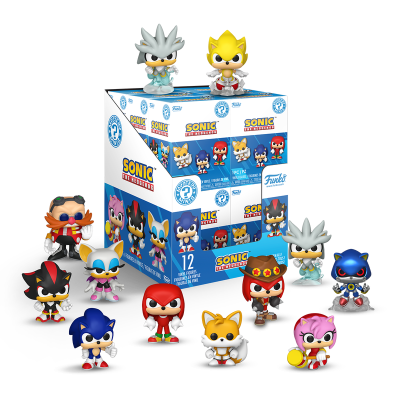 Miniaturas Funko Pop! dos personagens Sonic the Hedgehog em volta de caixa azul da coleção Mystery Minis