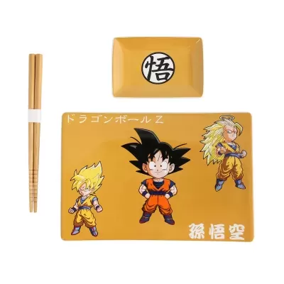 Conjunto de sushi Dragon Ball Z amarelo com personagens e pauzinhos de madeira