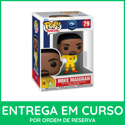Funko Pop de Mike Maignan com traje amarelo segurando bola em caixa com texto e etiquetas.