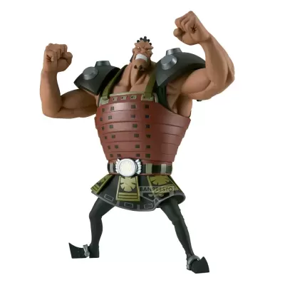 Figura colecionável de personagem musculado com colete castanho e ombreiras cinza