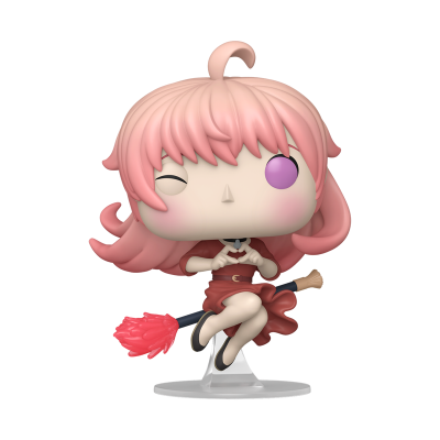 Figurina Funko Pop de personagem feminina com cabelo cor-de-rosa e vestido vermelho sentada numa vassoura.