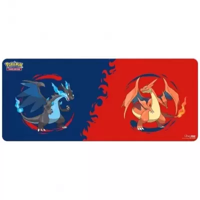 Tapete para cartas com Pokémons Charizard e Mega Charizard X em fundos azul e vermelho