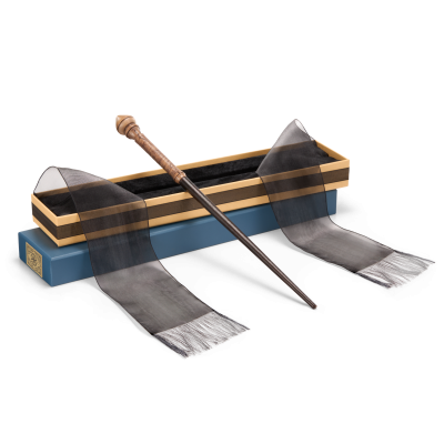 Varinha mágica de madeira com caixa e fita cinzenta