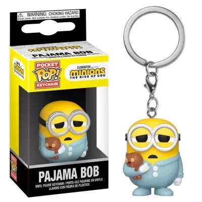 Chaveiro vinyl Minions Pajama Bob com pijama azul e ursinho castanho