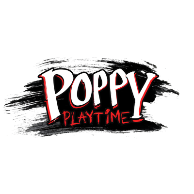 Logo com texto POPPY PLAYTIME em branco e vermelho sobre fundo preto pincelado.