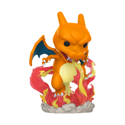 Figura colecionável Funko Pop do Charizard com chamas e base de fumaça