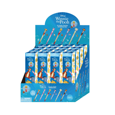 Expositor de canetas Winnie the Pooh com topos giratórios em 3D e embalagens azuis.