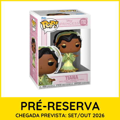 Figura Funko Pop Tiana em caixa com detalhes em rosa e verde